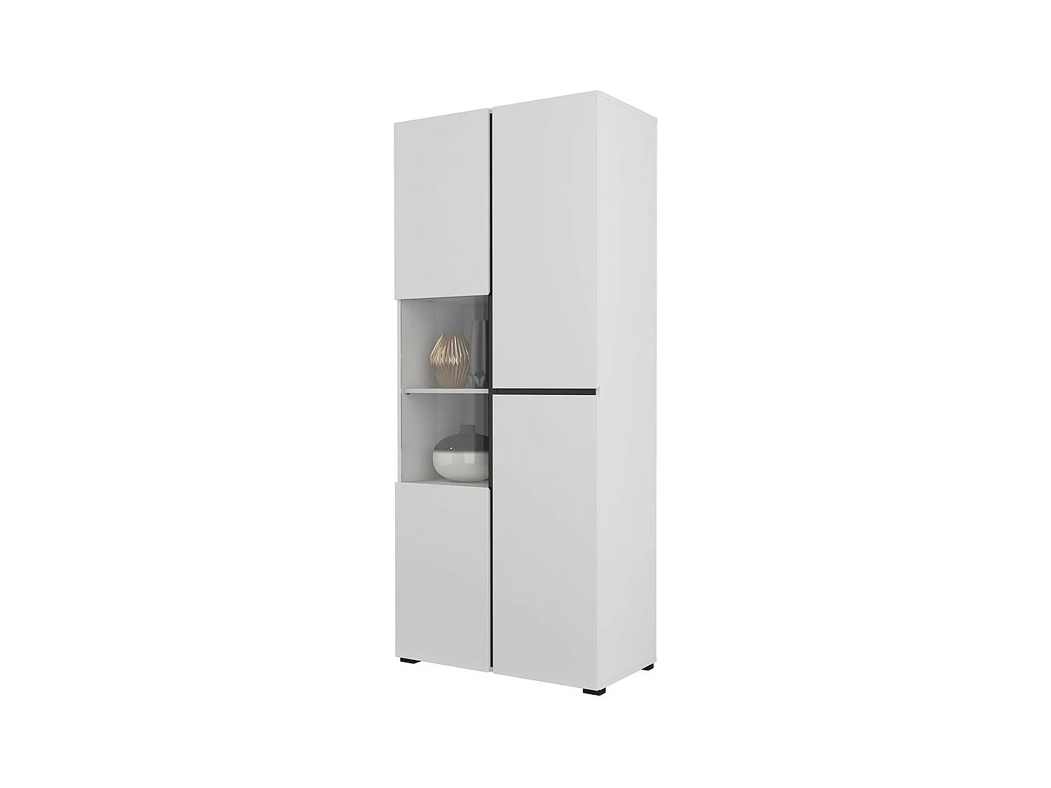 Hoge vitrinekast met 2 deuren uit de HAVANA collectie met ingebouwde LED. Kleur wit en zwart.