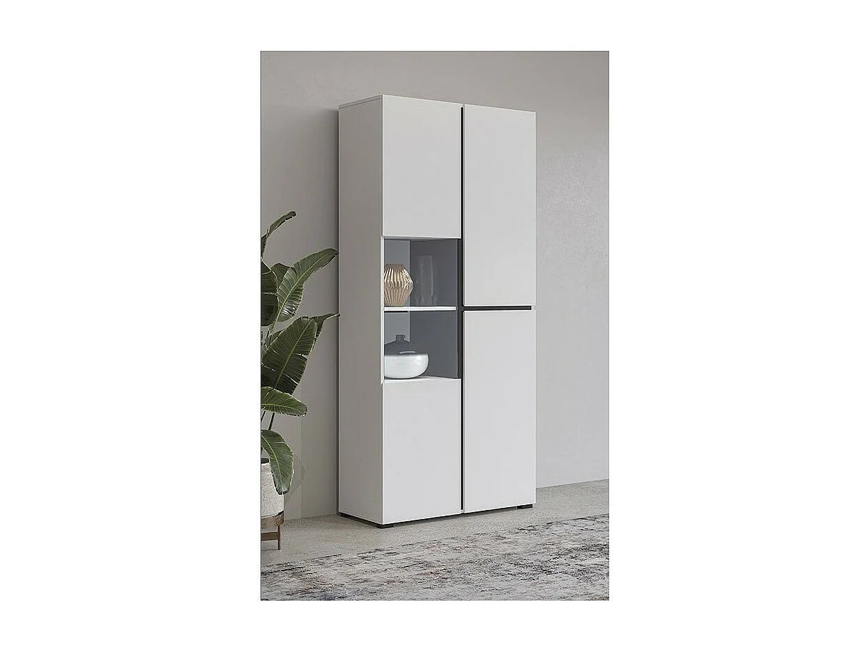 Vitrine haute 2 portes collection HAVANA avec LED intégrée. Coloris blanc et noir.