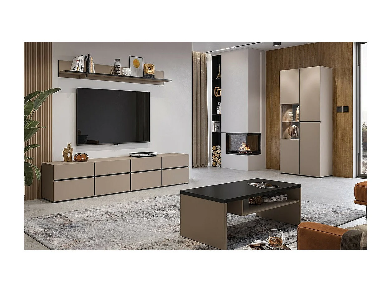 Hoher Vitrinenschrank mit 2 Türen, Kollektion HAVANA. Farbe Beige und Schwarz.