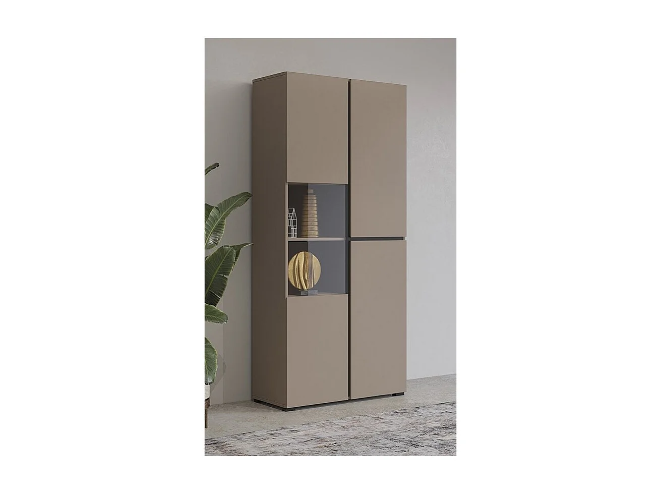 Hoher Vitrinenschrank mit 2 Türen, Kollektion HAVANA. Farbe Beige und Schwarz.