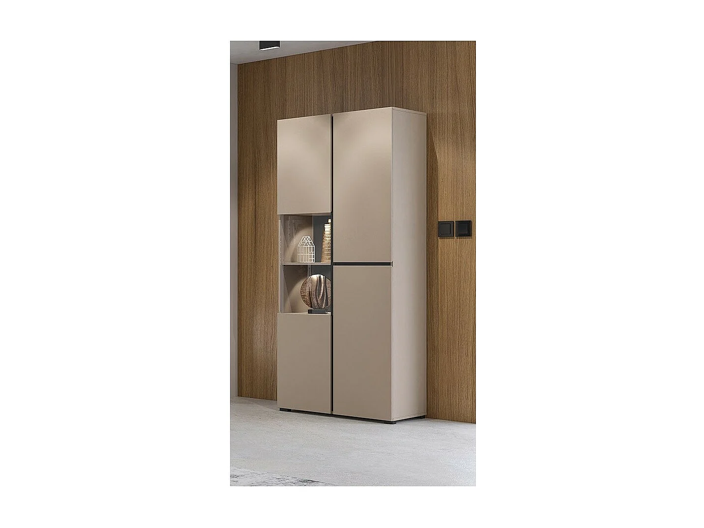 Hoher Vitrinenschrank mit 2 Türen, Kollektion HAVANA. Farbe Beige und Schwarz.