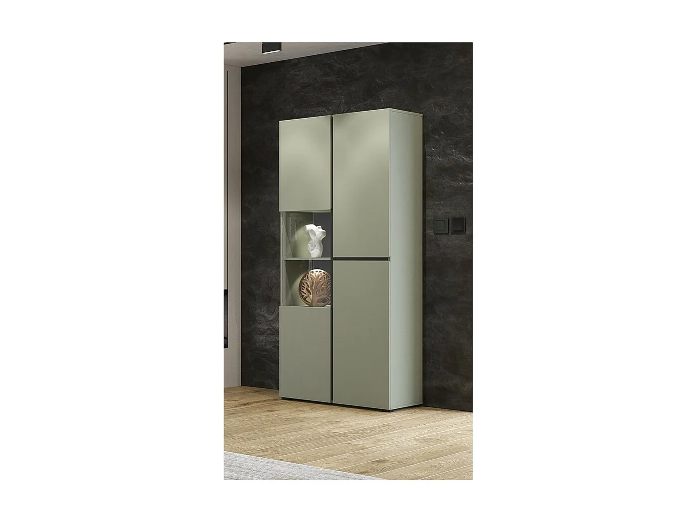 Vitrine haute 2 portes collection HAVANA avec LED intégrée. Coloris sauge et noir.