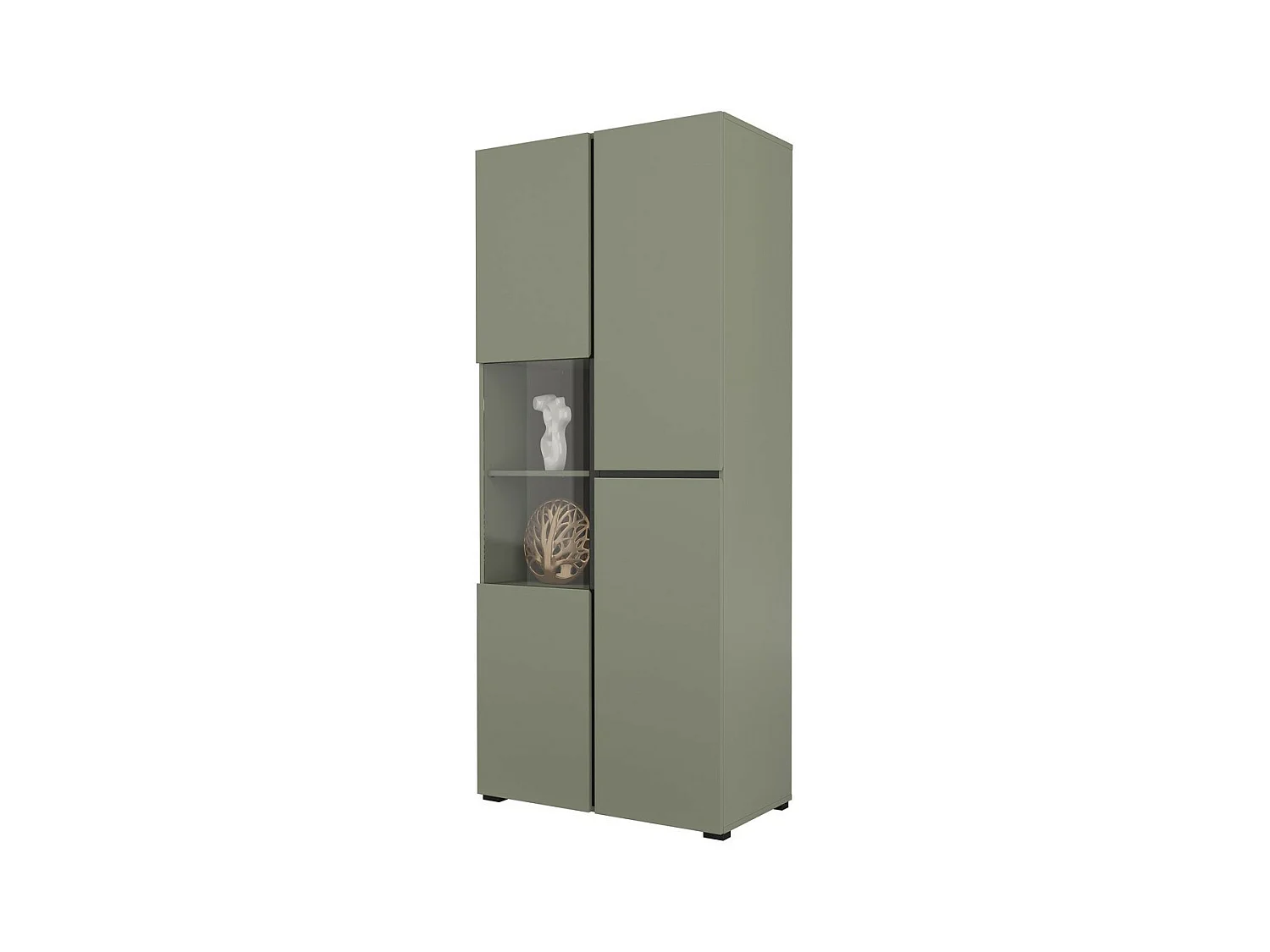 Hoge vitrinekast met 2 deuren uit de HAVANA collectie met geïntegreerde LED. Kleur salie en zwart.