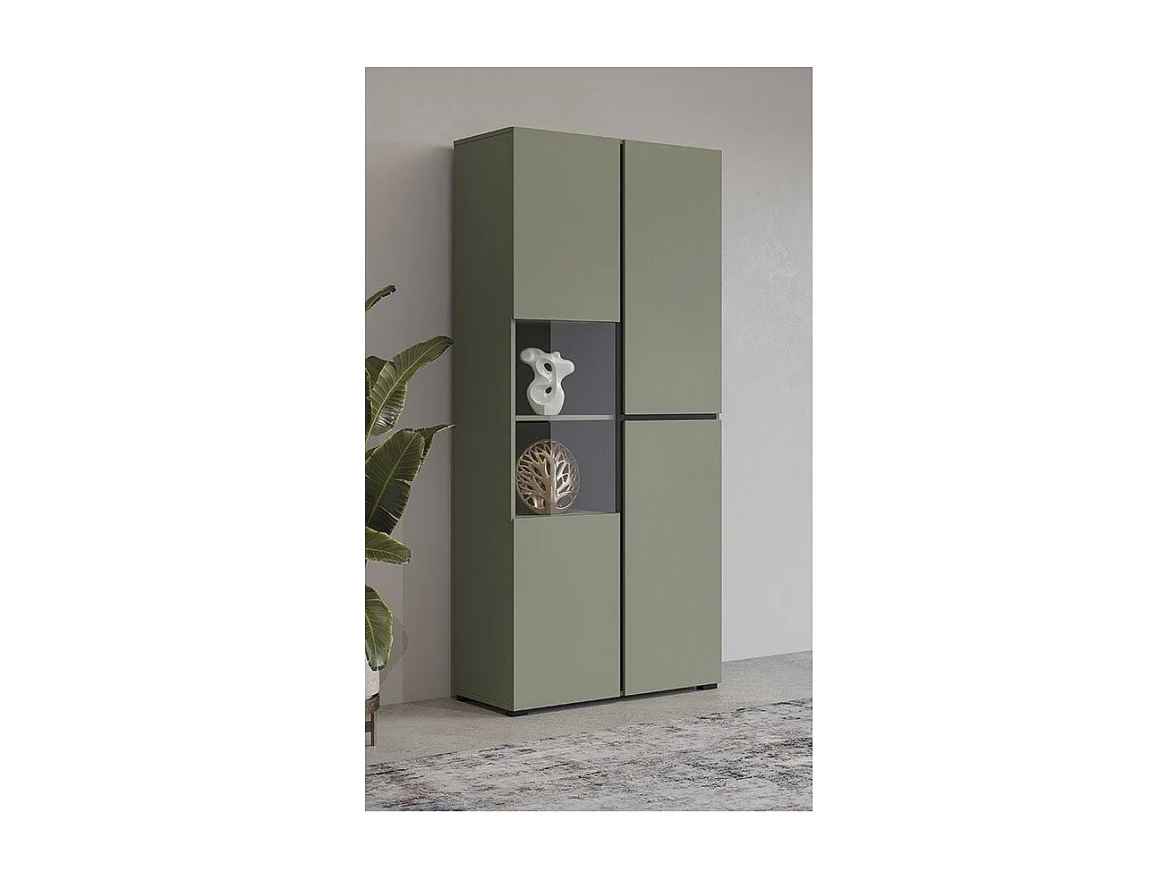 Hoge vitrinekast met 2 deuren uit de HAVANA collectie met geïntegreerde LED. Kleur salie en zwart.