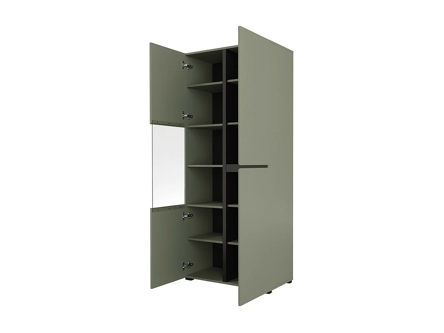 Hoge vitrinekast met 2 deuren uit de HAVANA collectie met geïntegreerde LED. Kleur salie en zwart.