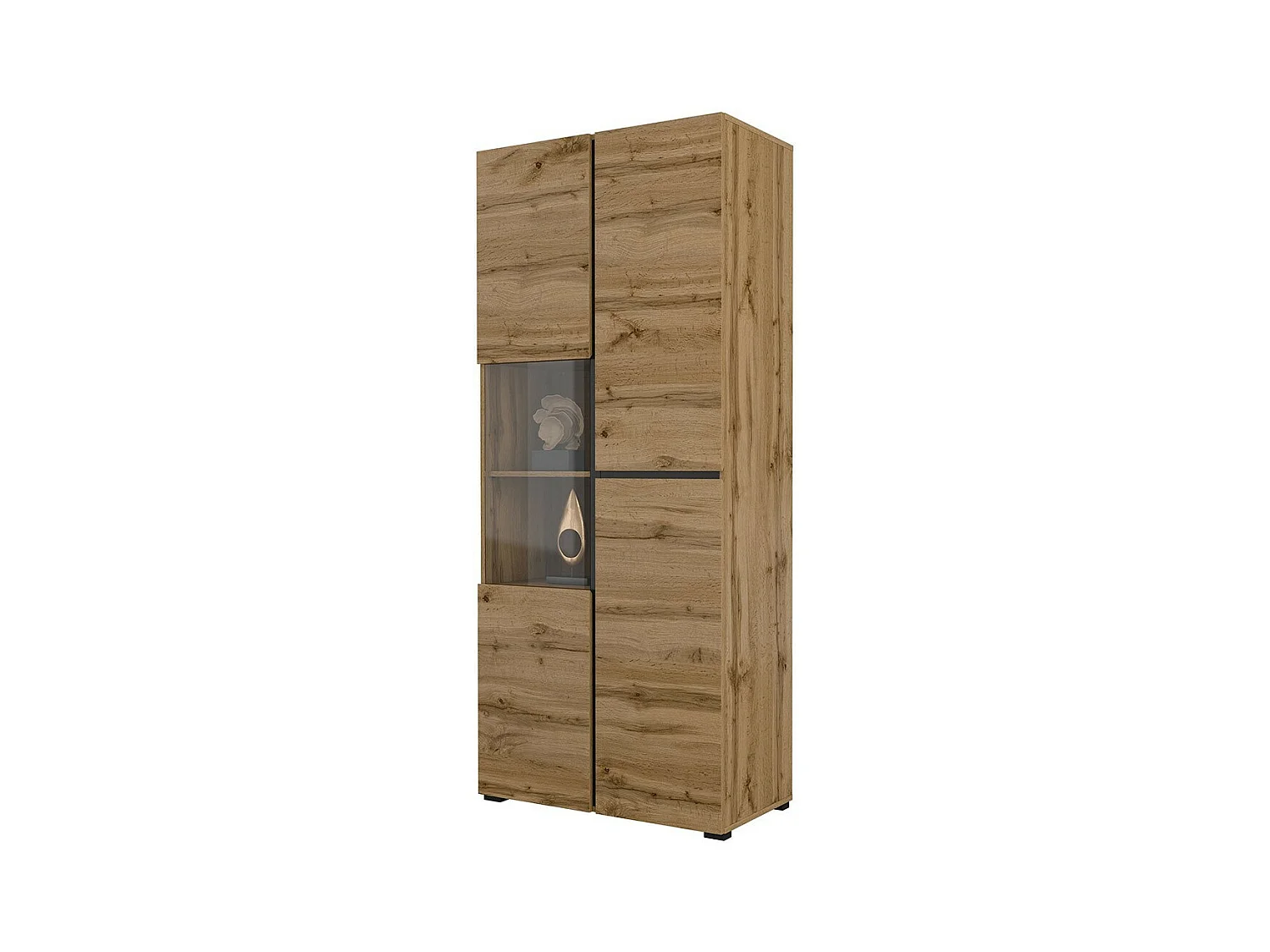 Hoge vitrinekast met 2 deuren uit de HAVANA collectie. Kleur eiken en zwart.
