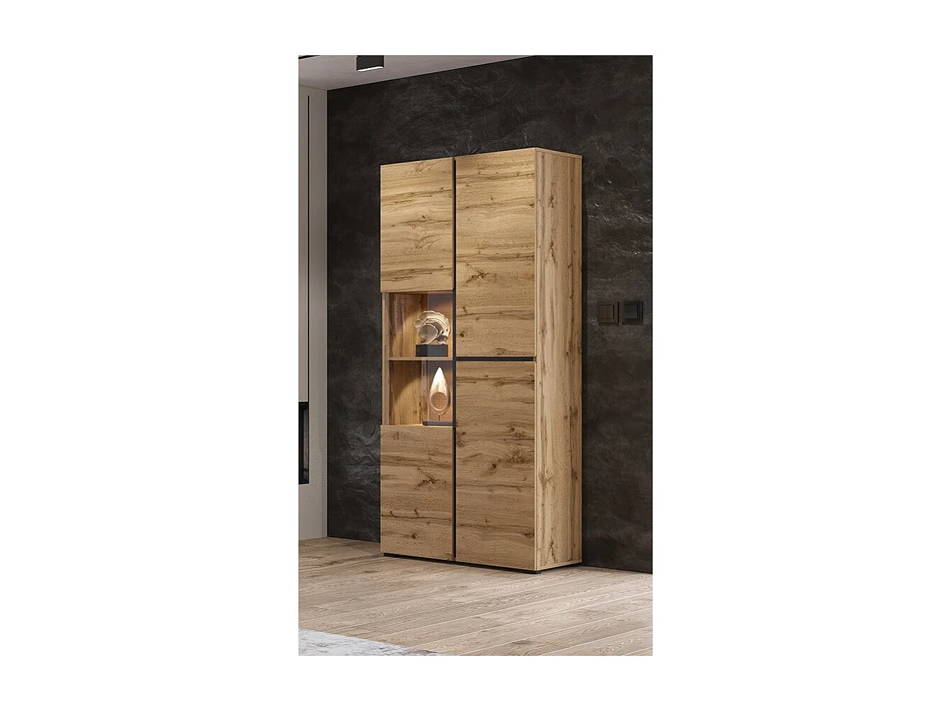 Vitrine haute 2 portes collection HAVANA. Coloris chêne et noir.