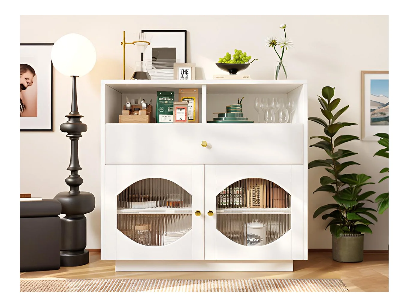 Buffet moderne - 1 tiroir、4 étagères et compartiment ouvert - MDF - Blanc
