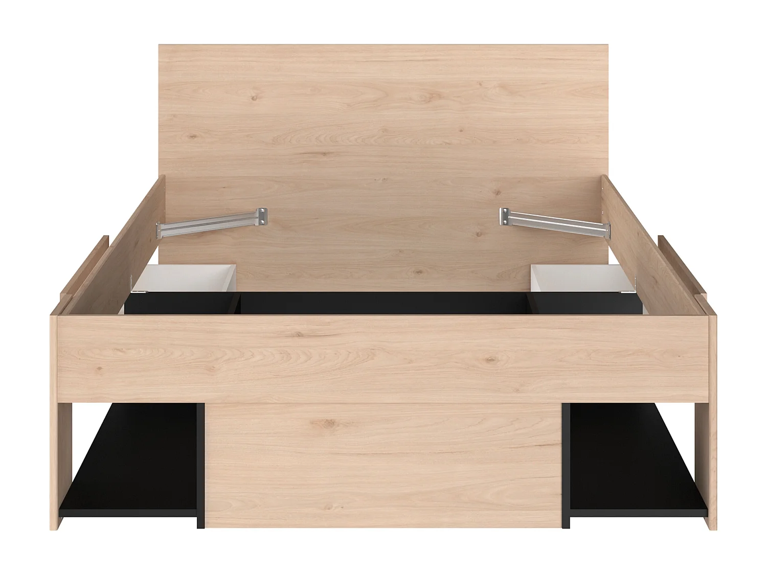 Lit 120 x 190/200 cm avec rangements - Coloris : Naturel et noir + Sommier + Matelas - KINSELIA