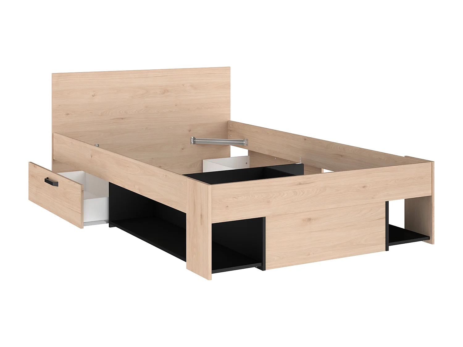 Lit 120 x 190/200 cm avec rangements - Coloris : Naturel et noir + Sommier + Matelas - KINSELIA