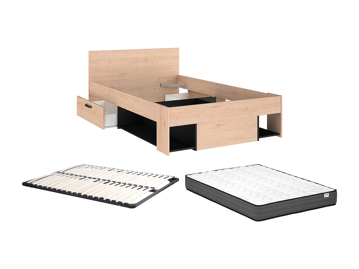 Lit 120 x 190/200 cm avec rangements - Coloris : Naturel et noir + Sommier + Matelas - KINSELIA