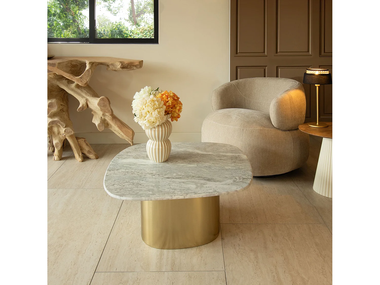 Now's Home - Table Basse En Marbre Gris Et Pied En Métal Doré