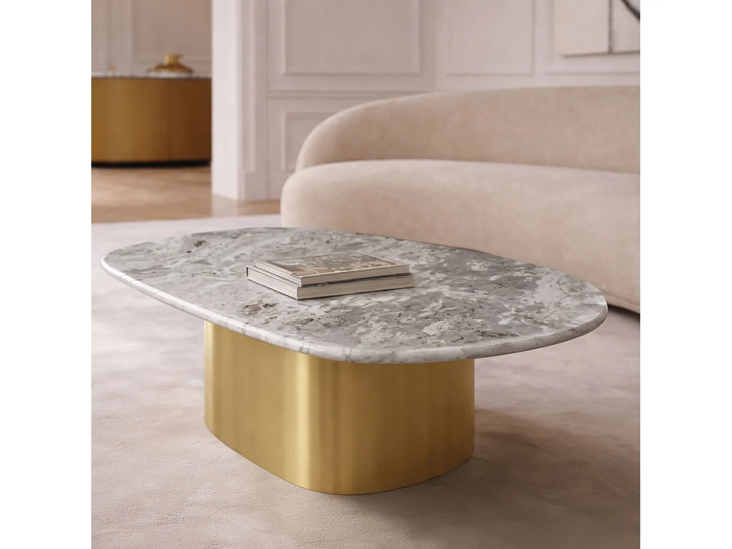 Now's Home - Table Basse En Marbre Gris Et Pied En Métal Doré