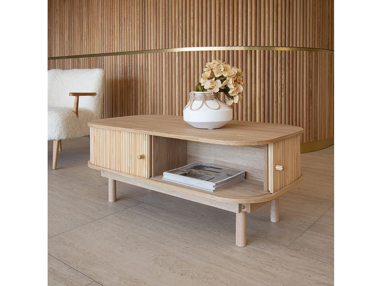 Now's Home - Table Basse En Bois De Pin Naturel Avec Portes 105x55x40cm Hector