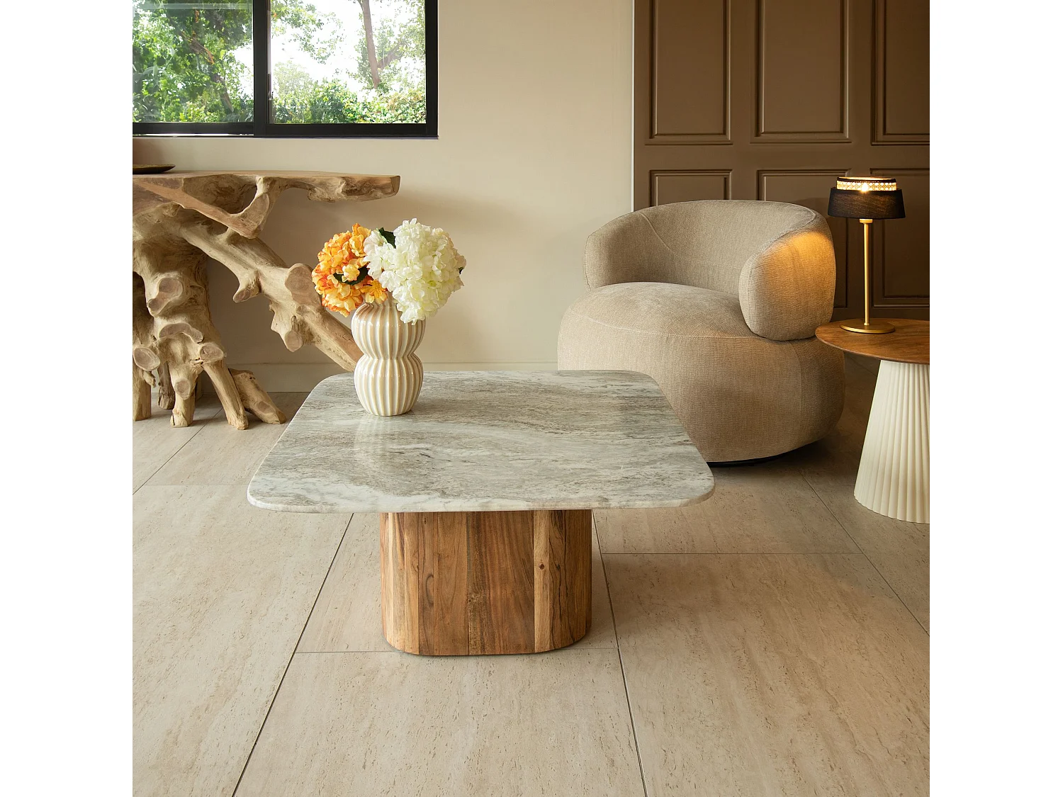 Now's Home - Table Basse En Marbre Gris Et Pied En Bois D'acacia