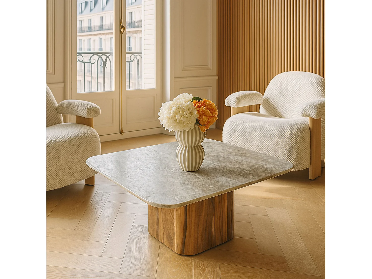 Now's Home - Table Basse En Marbre Gris Et Pied En Bois D'acacia