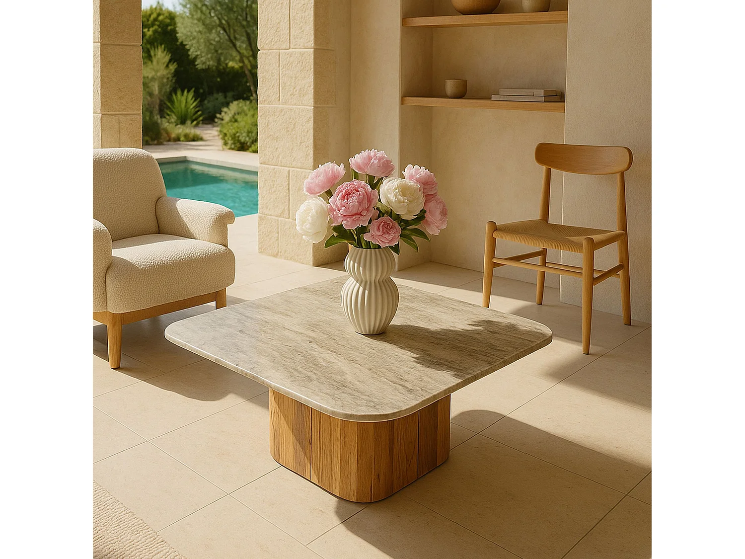 Now's Home - Table Basse En Marbre Gris Et Pied En Bois D'acacia