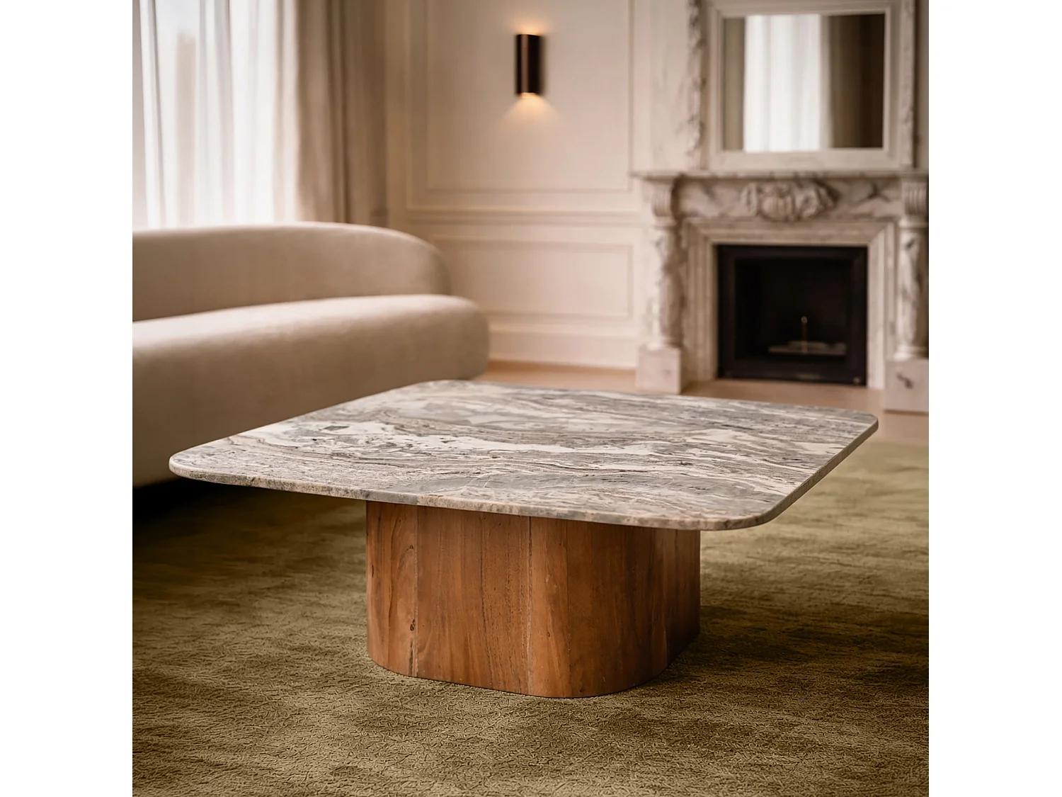 Now's Home - Table Basse En Marbre Gris Et Pied En Bois D'acacia