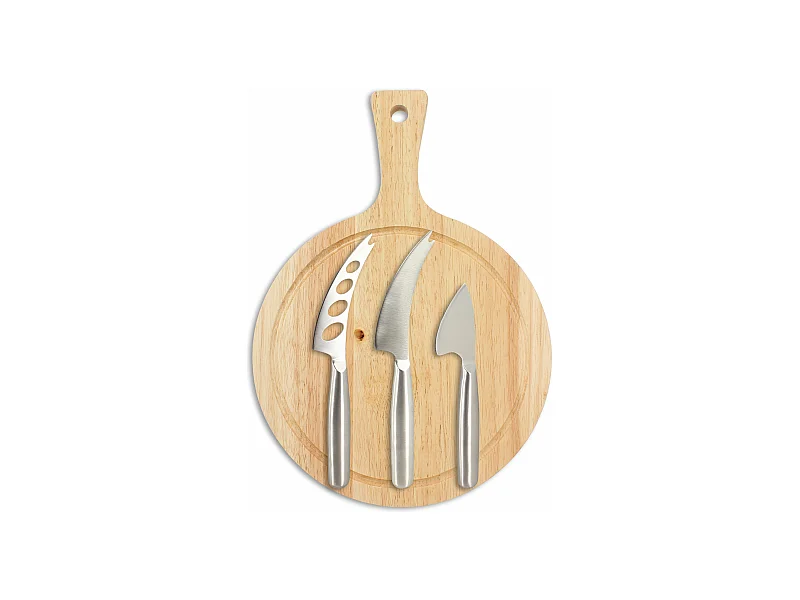 Menastyl - Planche A Decouper Ronde 24cm Acacia  Avec 3 Couteaux A Fromage