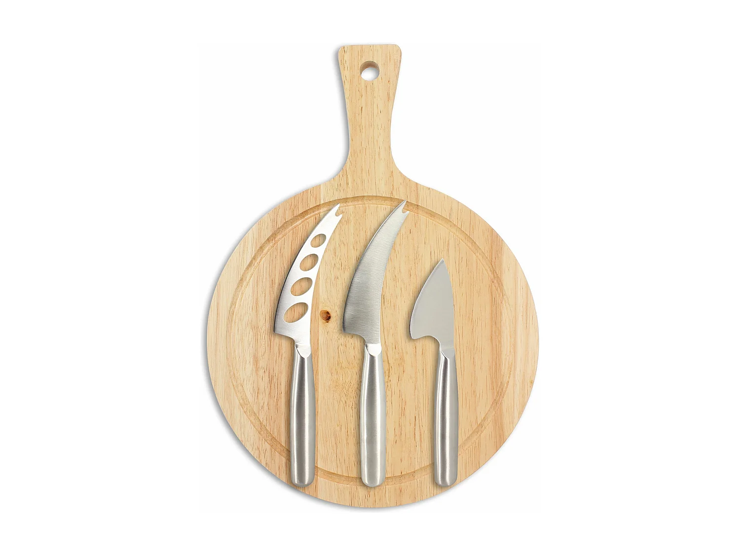 Menastyl - Planche A Decouper Ronde 24cm Acacia  Avec 3 Couteaux A Fromage