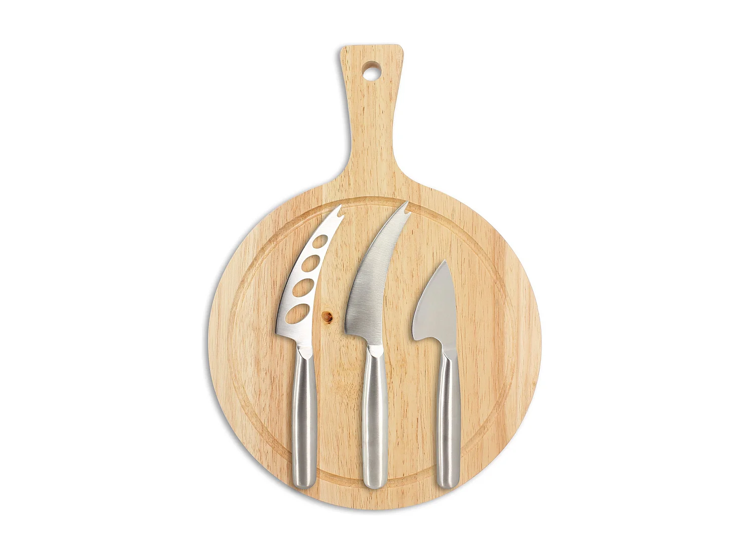 Tabla de cortar rectangular de madera de acacia con 3 cuchillos para queso de acero inoxidable.