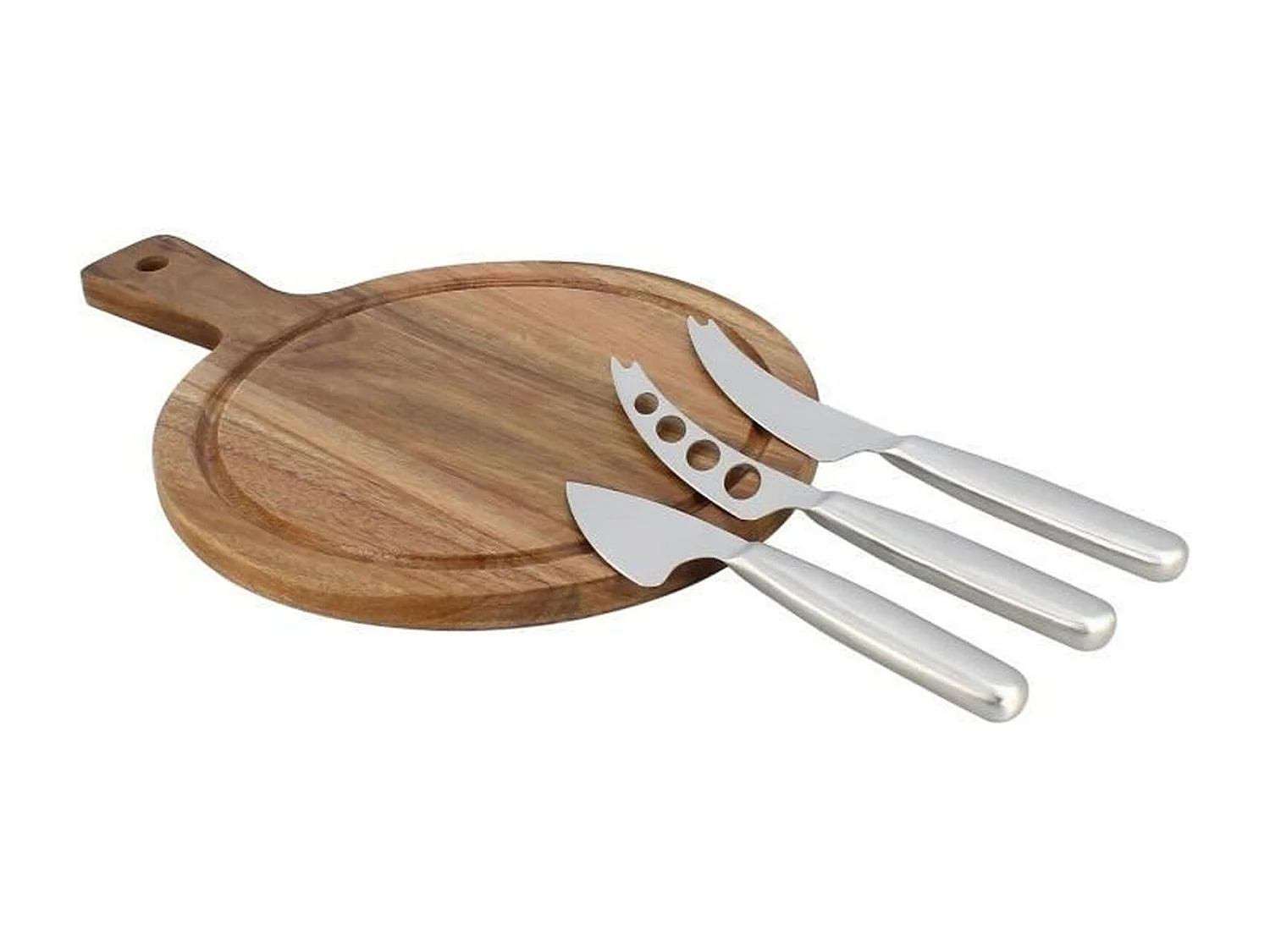 Tabla de cortar rectangular de madera de acacia con 3 cuchillos para queso de acero inoxidable.