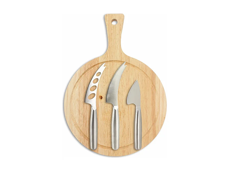 Menastyl - Planche A Decouper Ronde 24cm Acacia  Avec 3 Couteaux A Fromage