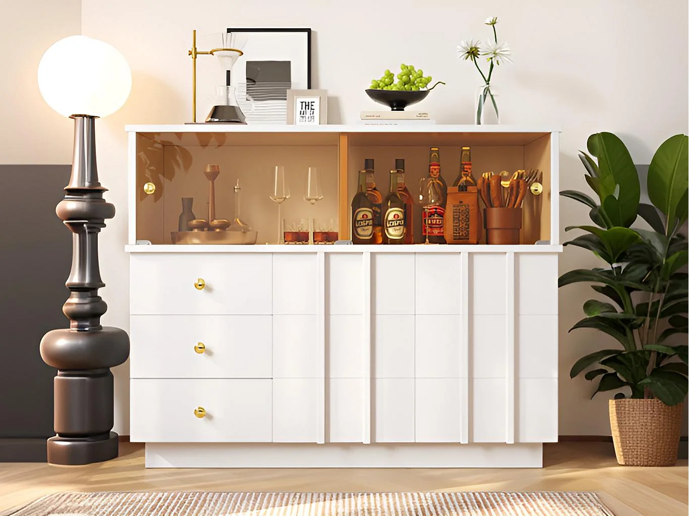 Buffet moderne - 3 tiroirs、2 étagères et cloison vitrée - MDF - Blanc