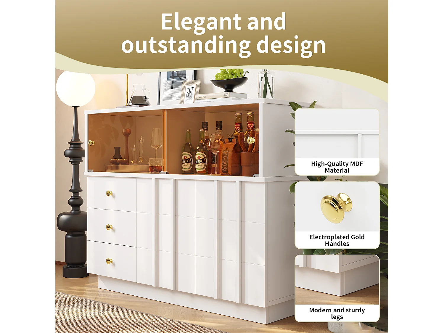 Buffet moderne - 3 tiroirs、2 étagères et cloison vitrée - MDF - Blanc