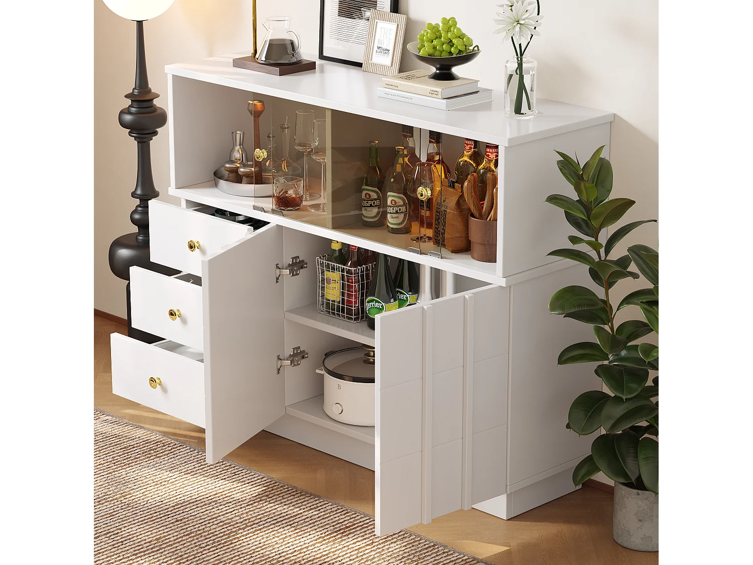 Buffet moderne - 3 tiroirs、2 étagères et cloison vitrée - MDF - Blanc