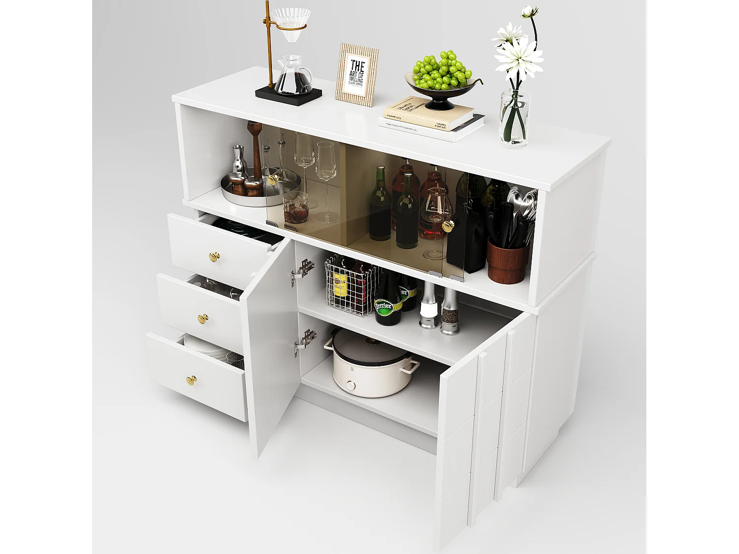 Buffet moderne - 3 tiroirs、2 étagères et cloison vitrée - MDF - Blanc