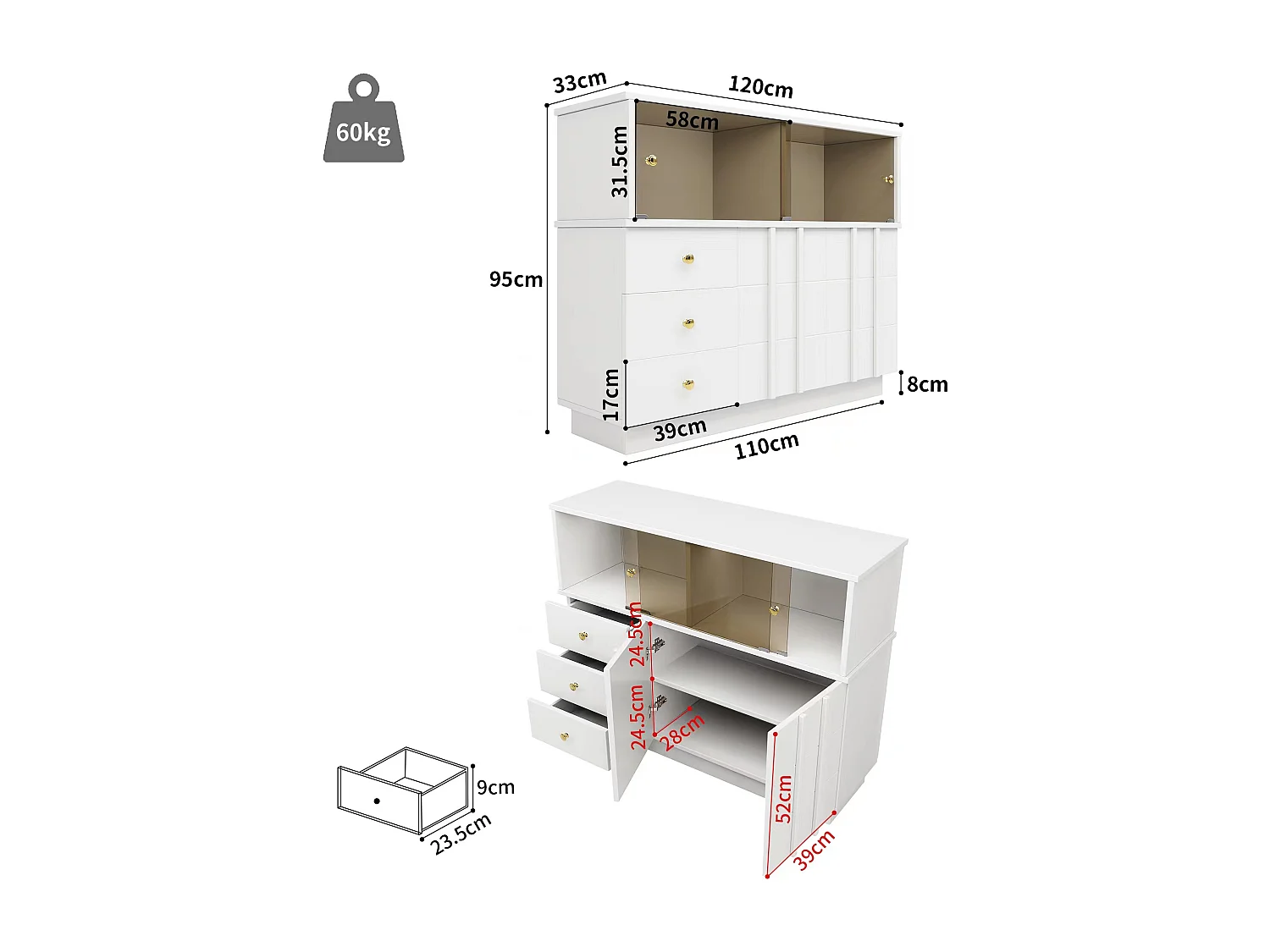 Buffet moderne - 3 tiroirs、2 étagères et cloison vitrée - MDF - Blanc