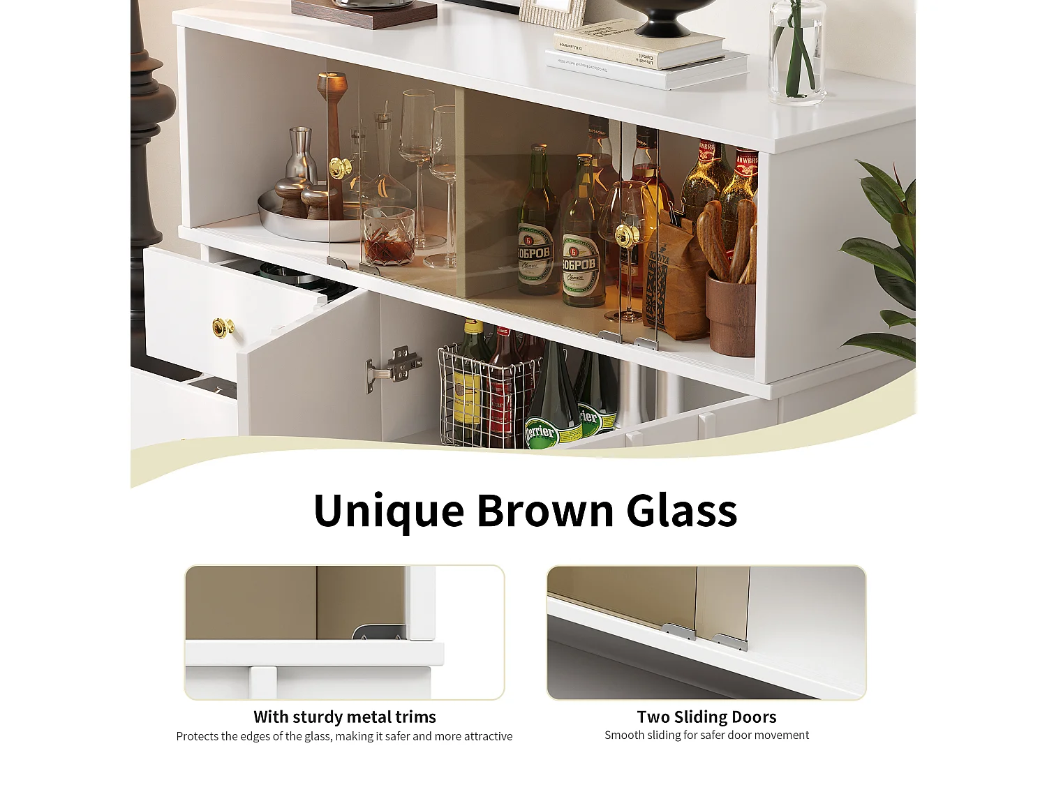 Buffet moderne - 3 tiroirs、2 étagères et cloison vitrée - MDF - Blanc