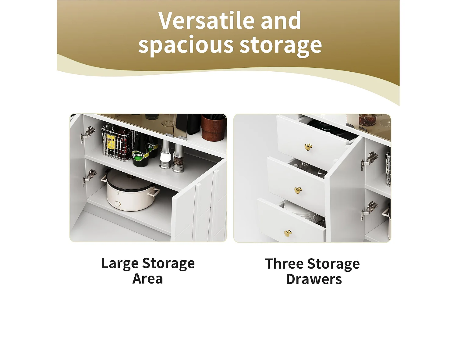 Buffet moderne - 3 tiroirs、2 étagères et cloison vitrée - MDF - Blanc