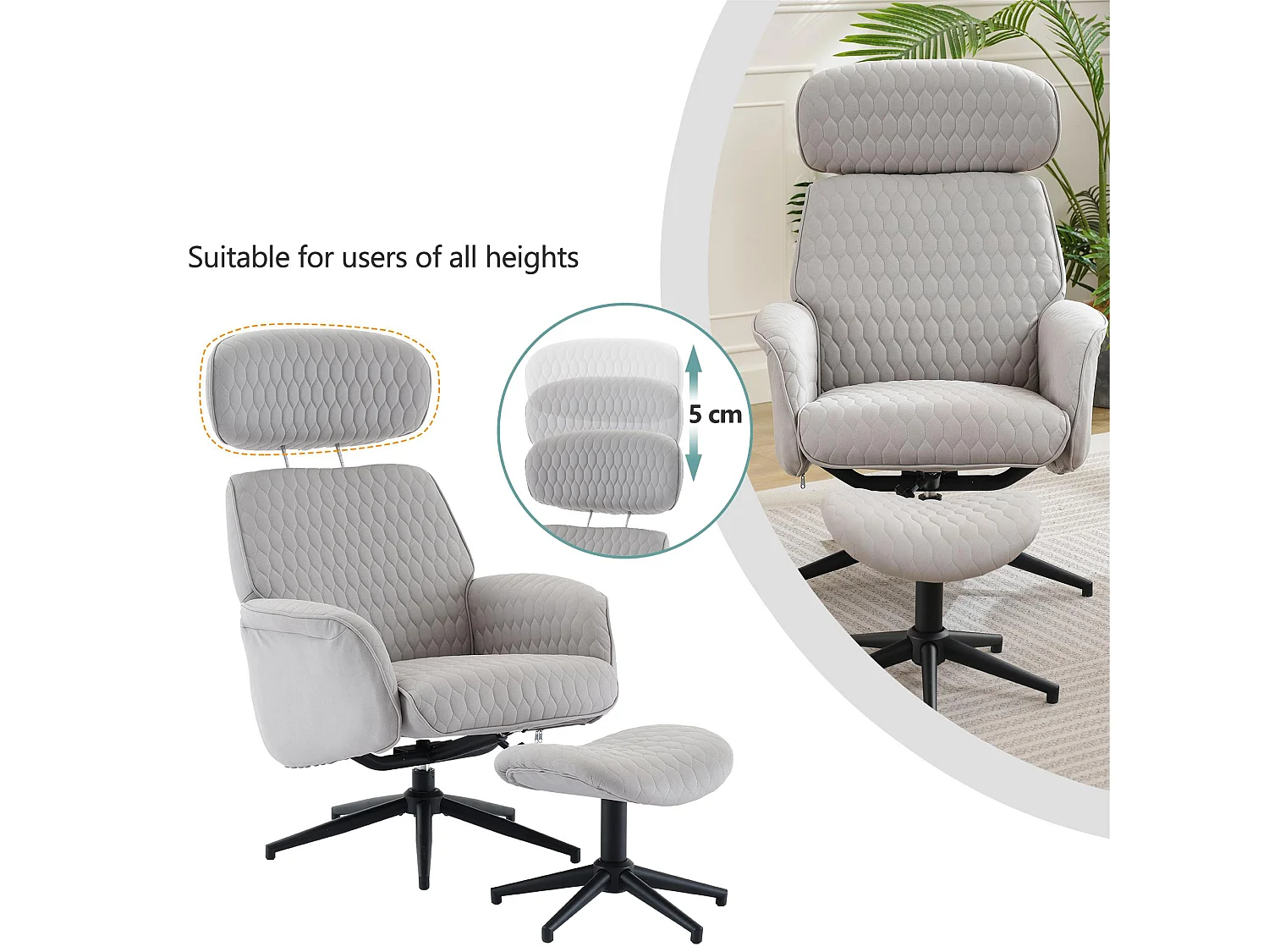 Fotel obrotowy z weluru z podnóżkiem i regulowanym oparciem - nachylny od 95° do 125° - Szary