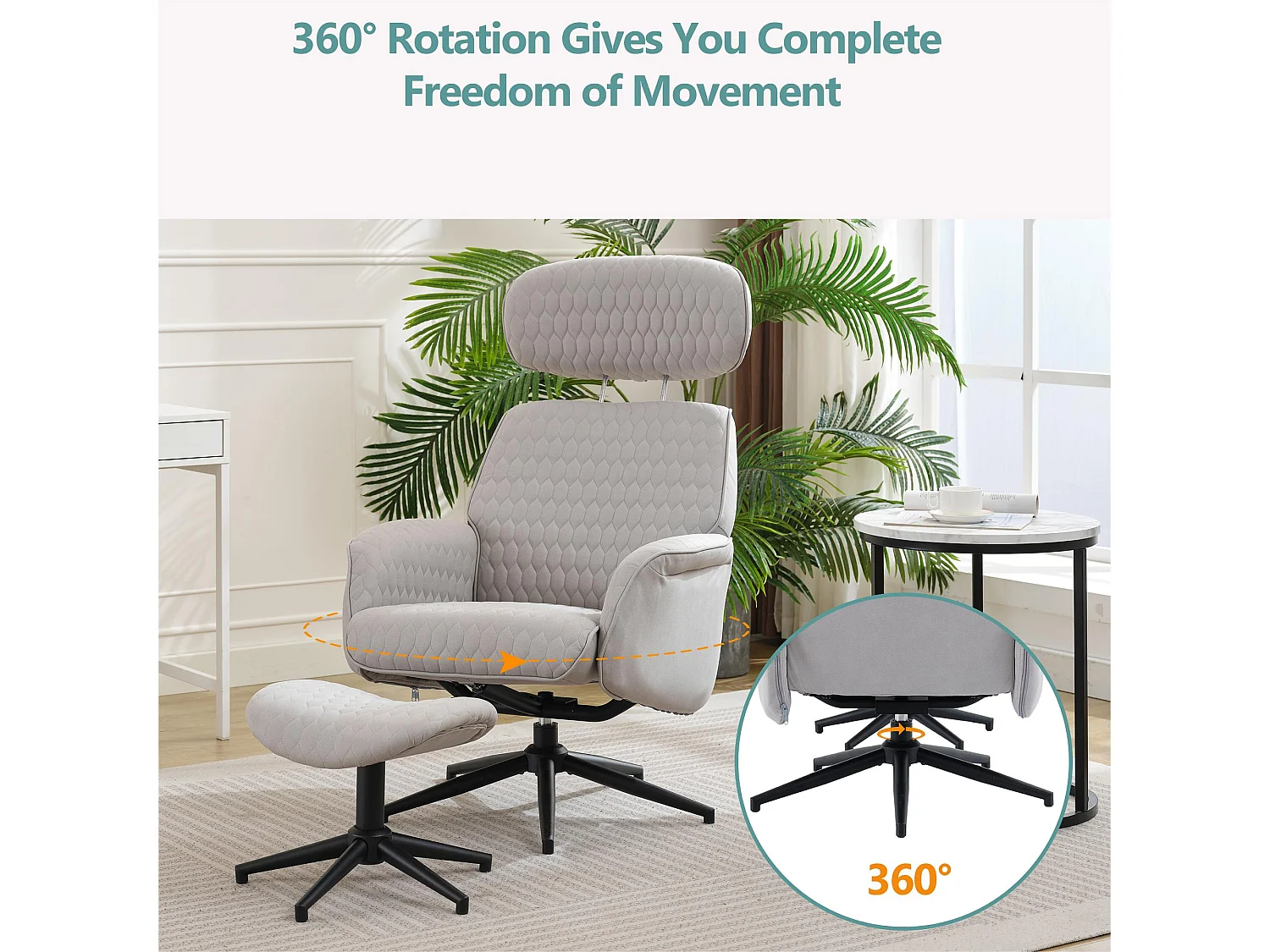 Fotel obrotowy z weluru z podnóżkiem i regulowanym oparciem - nachylny od 95° do 125° - Szary