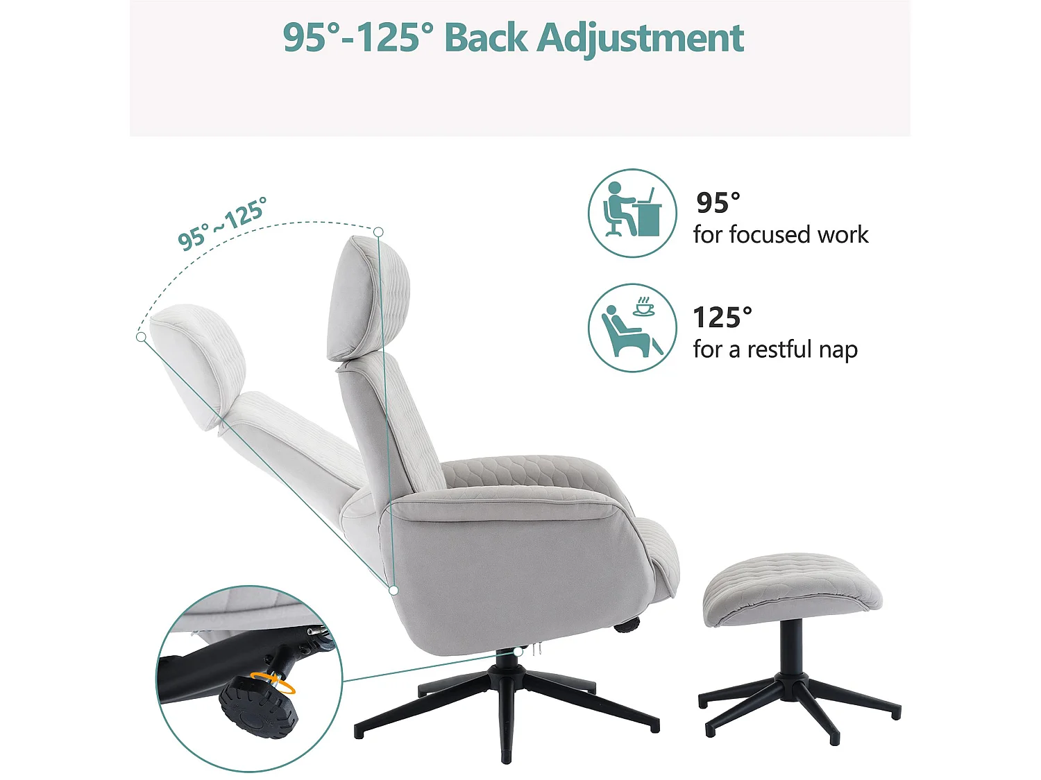 Fotel obrotowy z weluru z podnóżkiem i regulowanym oparciem - nachylny od 95° do 125° - Szary