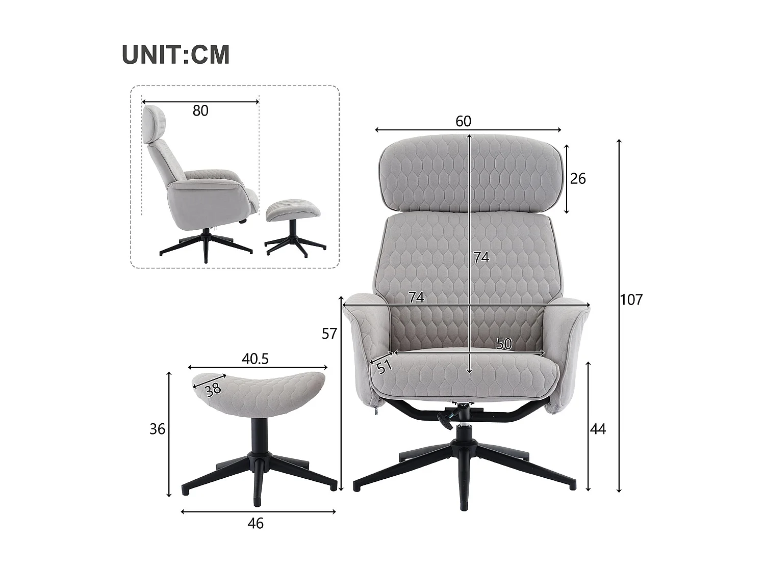 Fotel obrotowy z weluru z podnóżkiem i regulowanym oparciem - nachylny od 95° do 125° - Szary