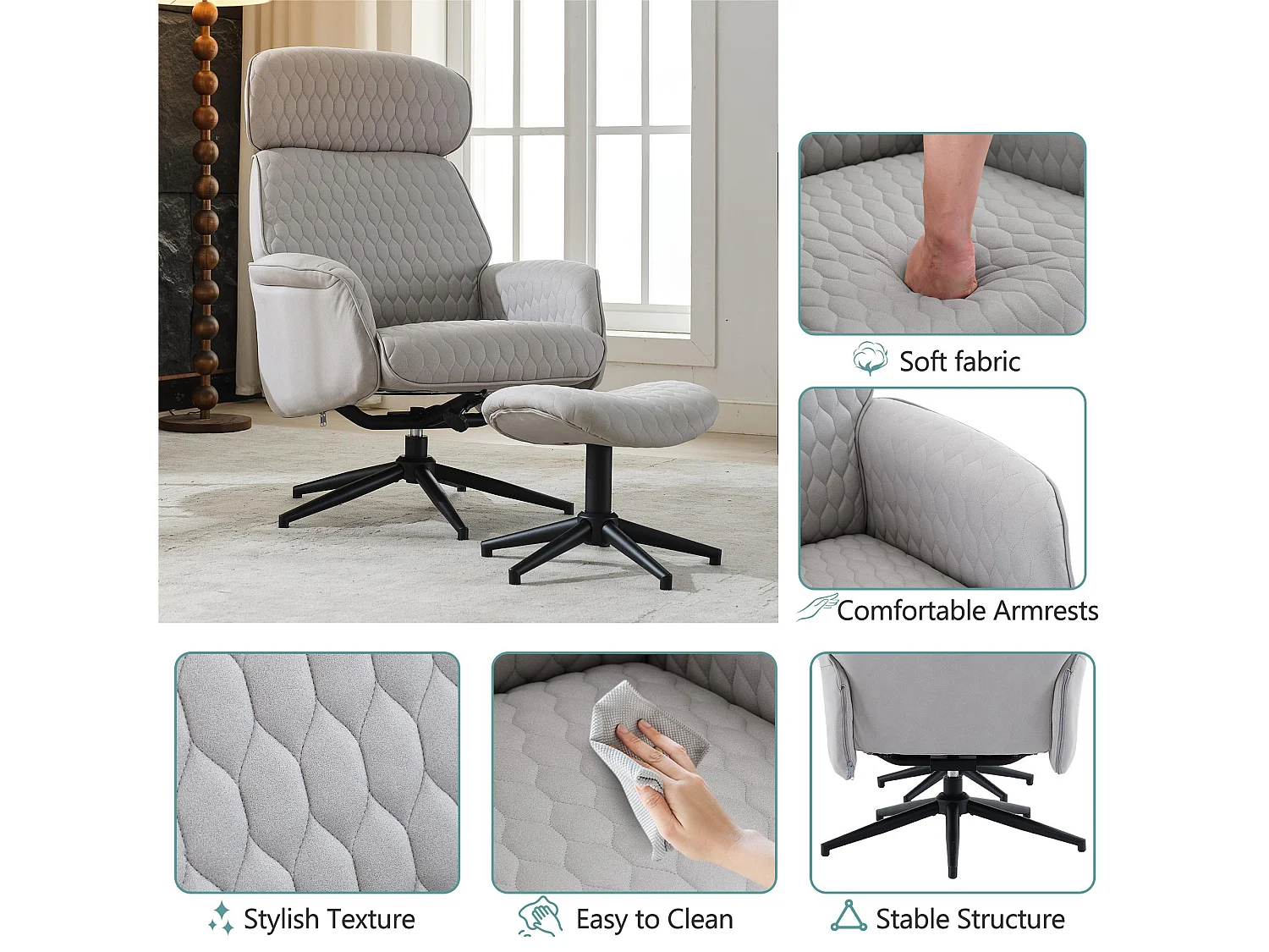 Fotel obrotowy z weluru z podnóżkiem i regulowanym oparciem - nachylny od 95° do 125° - Szary