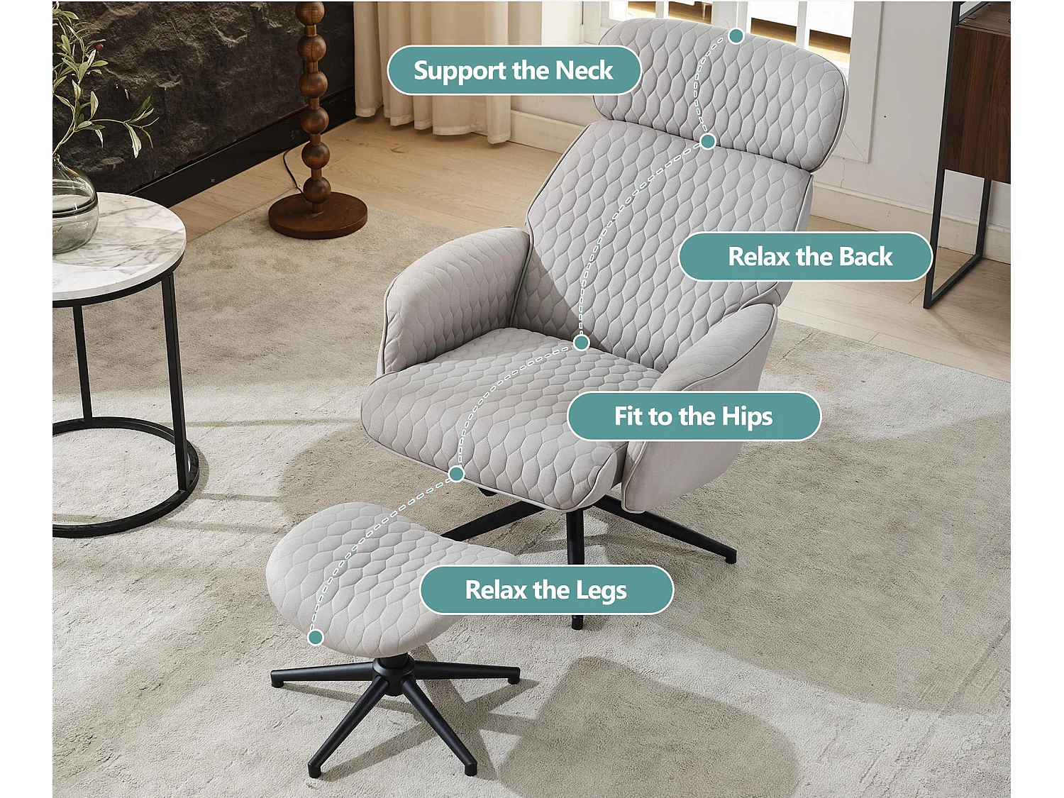 Fotel obrotowy z weluru z podnóżkiem i regulowanym oparciem - nachylny od 95° do 125° - Szary