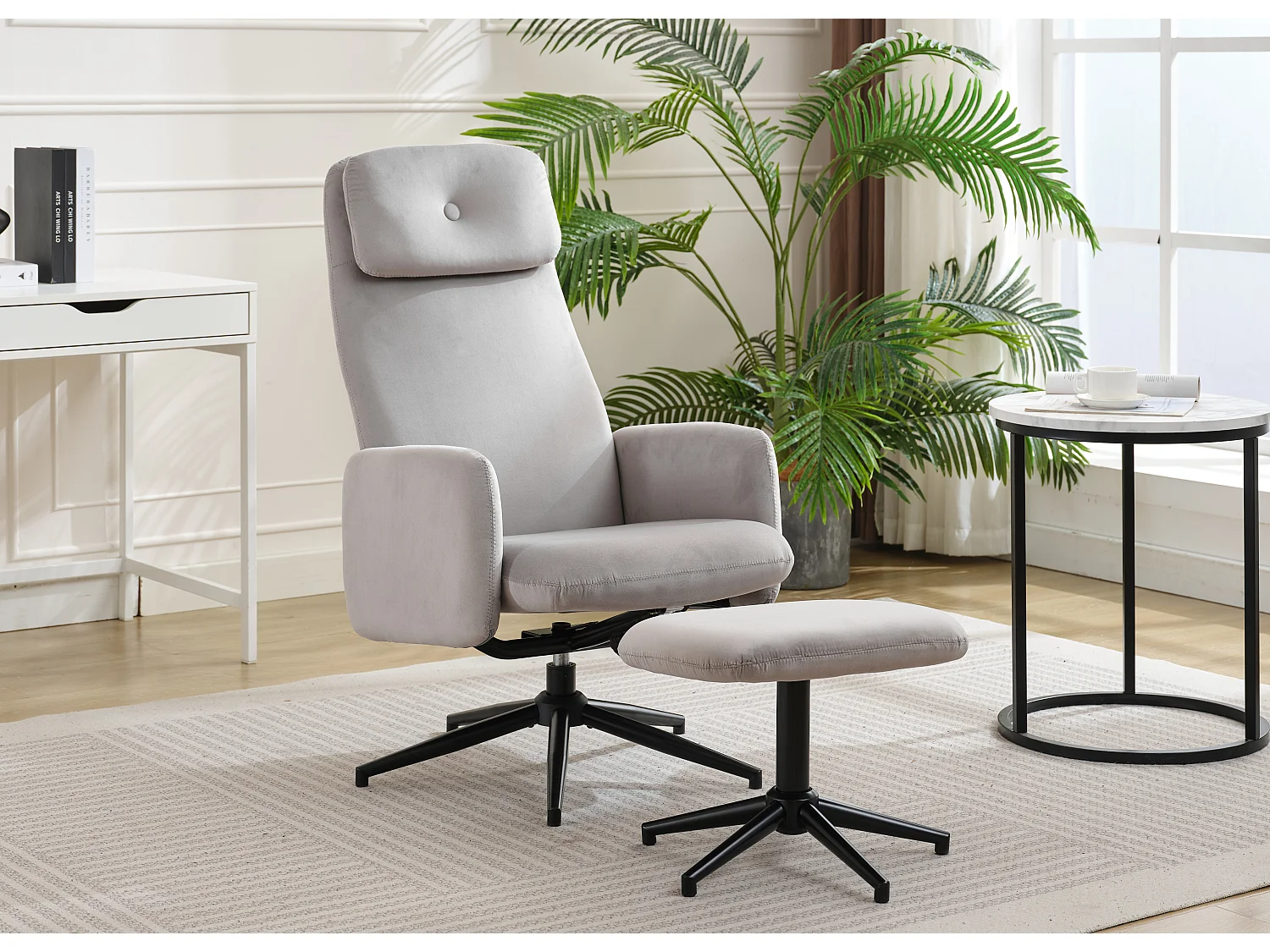 Fotel obrotowy z weluru z podnóżkiem - odchylany od 95° do 125° - Szary
