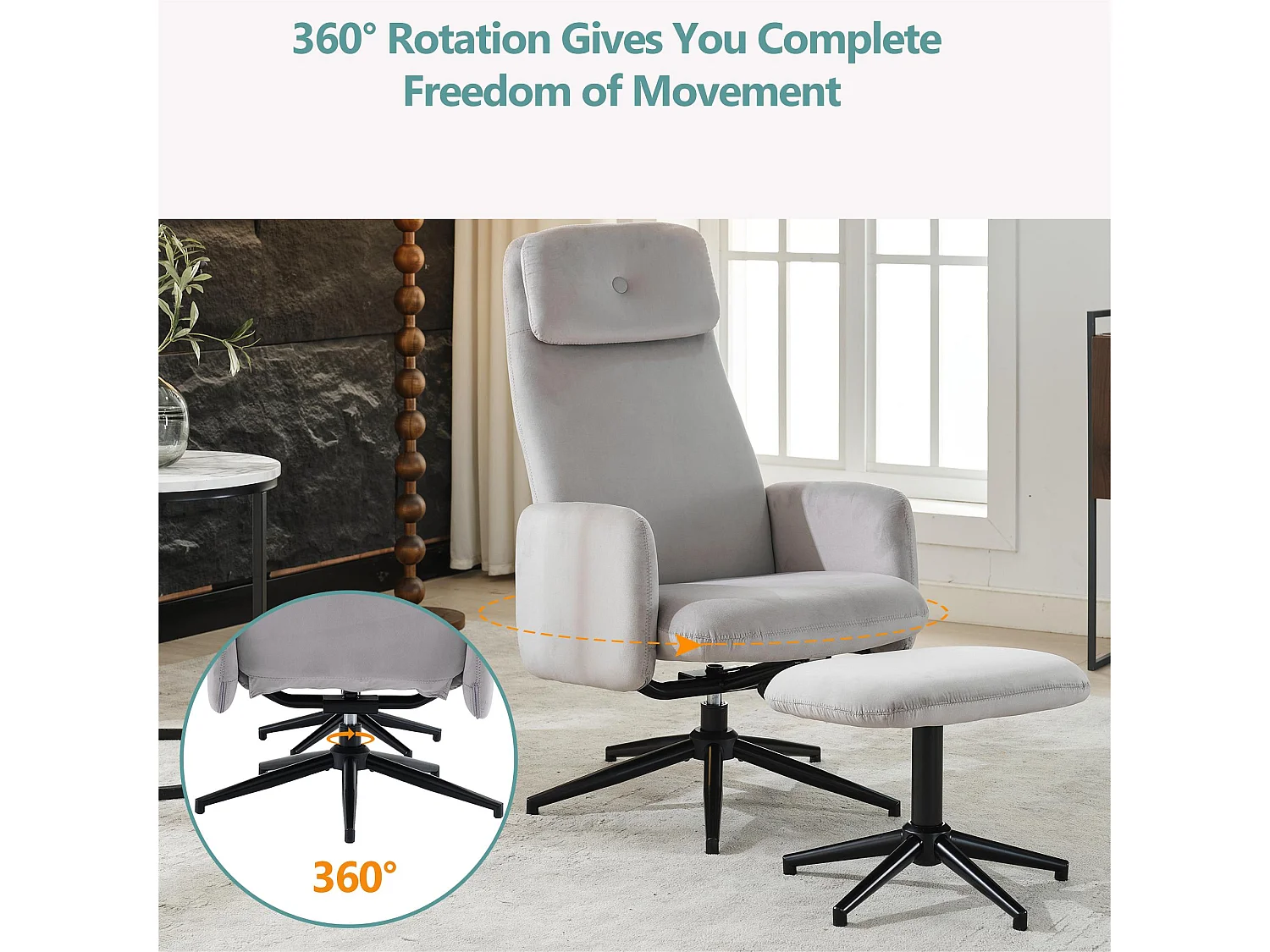 Fotel obrotowy z weluru z podnóżkiem - odchylany od 95° do 125° - Szary