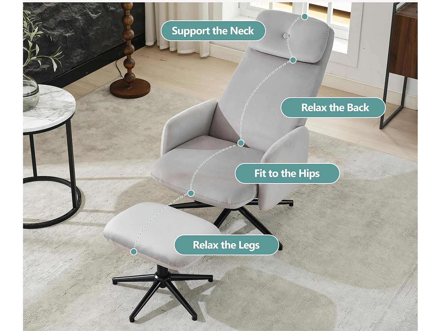 Fotel obrotowy z weluru z podnóżkiem - odchylany od 95° do 125° - Szary