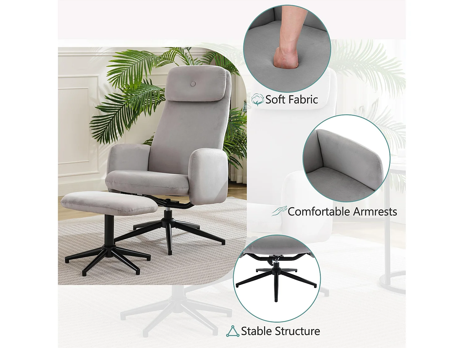 Fotel obrotowy z weluru z podnóżkiem - odchylany od 95° do 125° - Szary