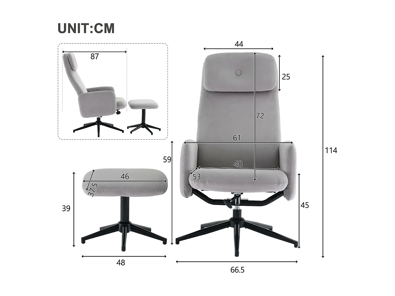 Fotel obrotowy z weluru z podnóżkiem - odchylany od 95° do 125° - Szary