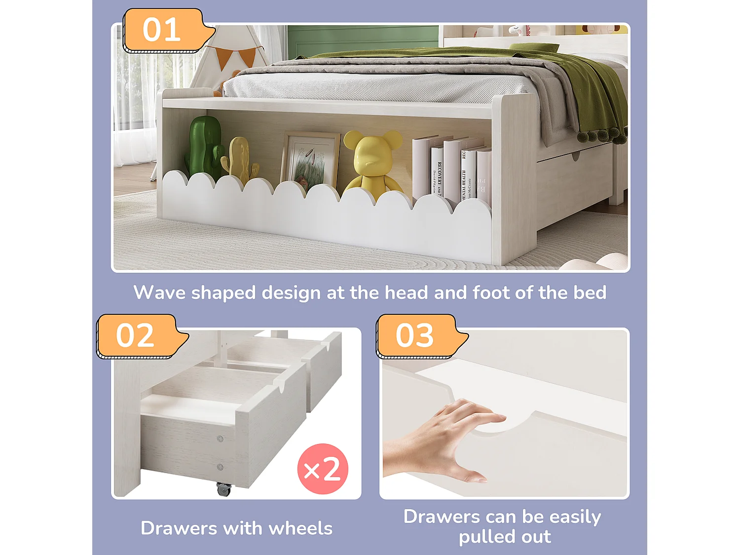 Cama individual de madeira 90x190cm - com 2 gavetas e prateleiras - Branca (colchão não incluído)