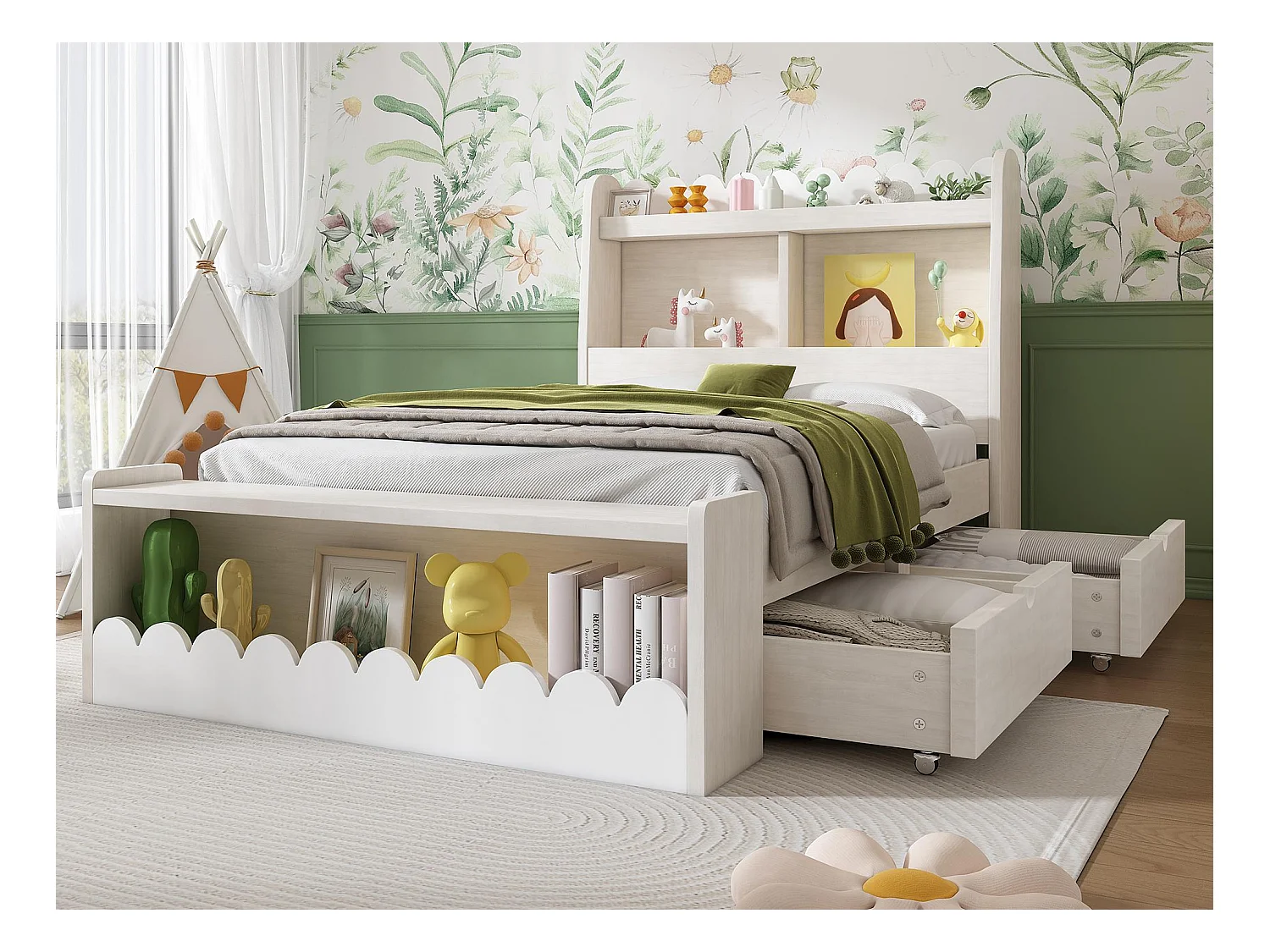 Lit simple en bois 90x190cm - avec 2 tiroirs et étagères - Blanc (matelas non inclus)