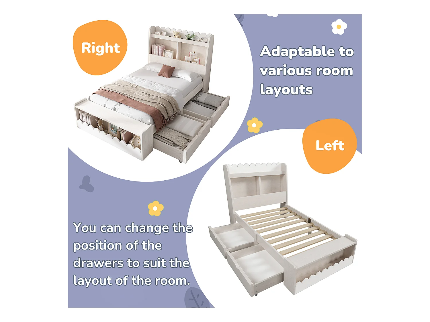 Lit simple en bois 90x190cm - avec 2 tiroirs et étagères - Blanc (matelas non inclus)