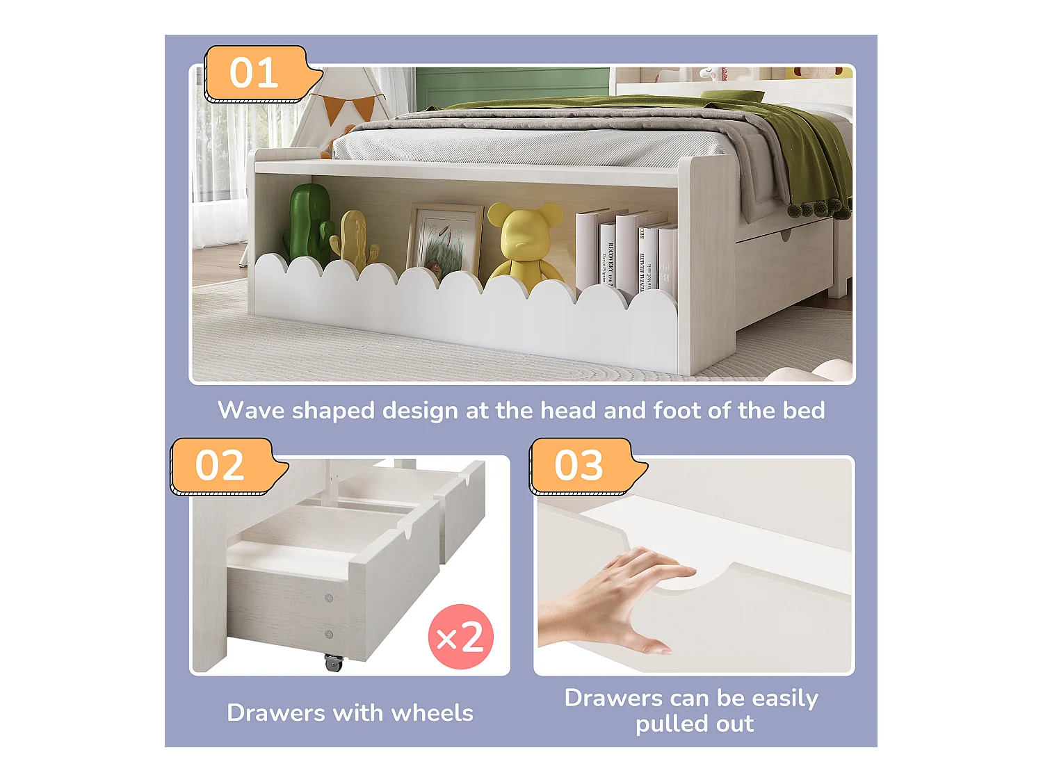 Lit simple en bois 90x190cm - avec 2 tiroirs et étagères - Blanc (matelas non inclus)