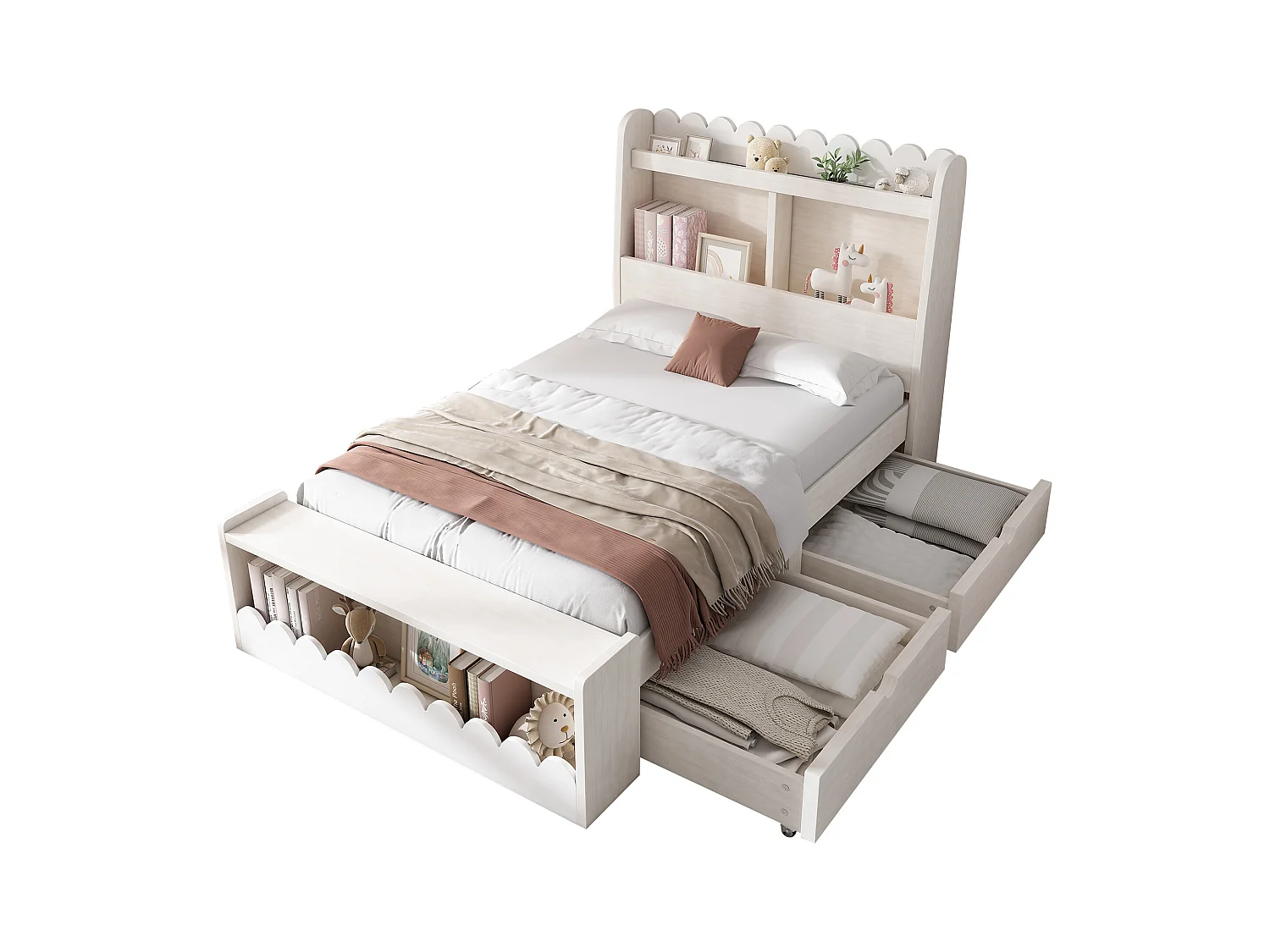 Lit simple en bois 90x190cm - avec 2 tiroirs et étagères - Blanc (matelas non inclus)